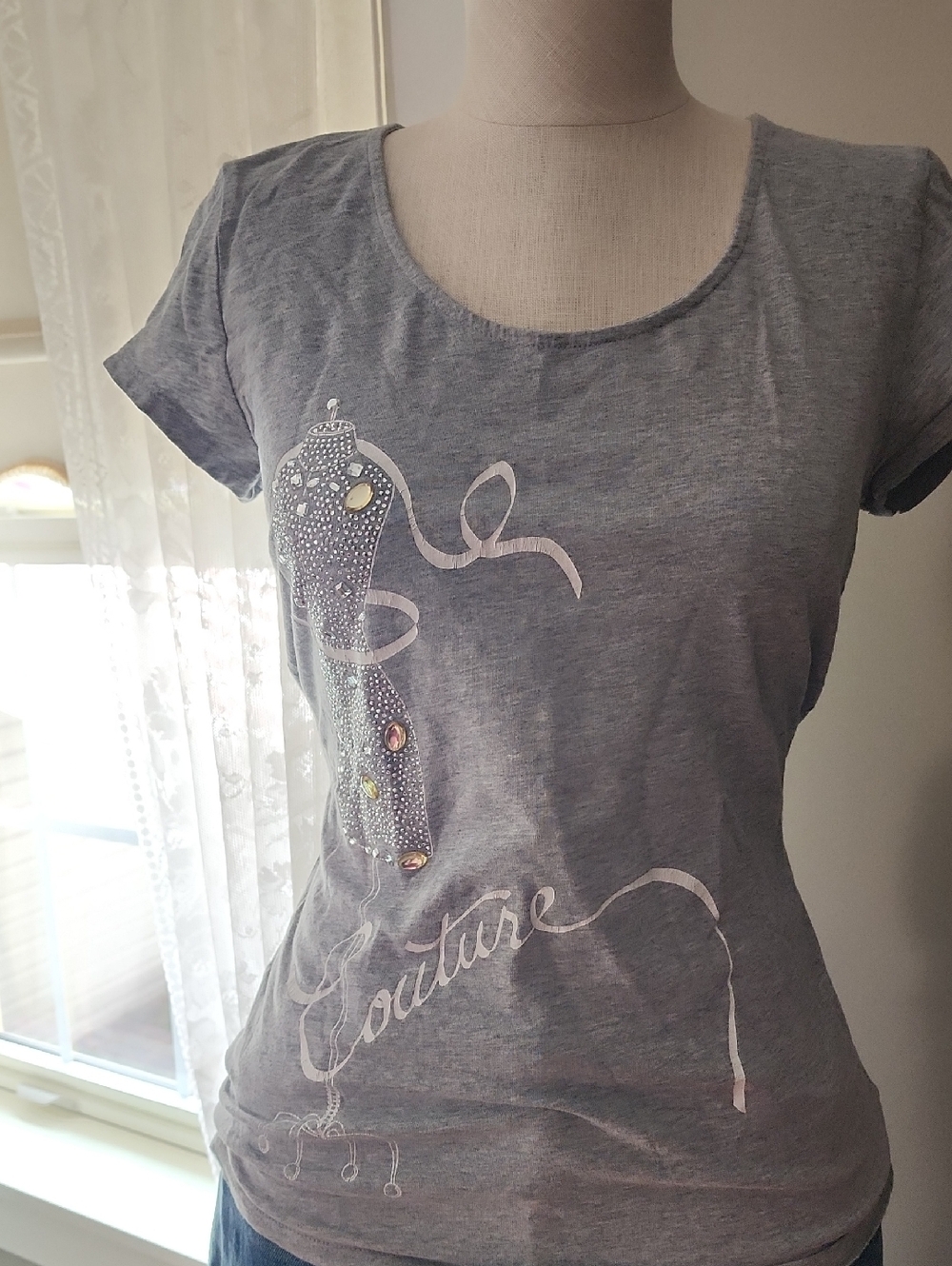 White House Black Market Heather Gray Scoop Neck Embellished Tee